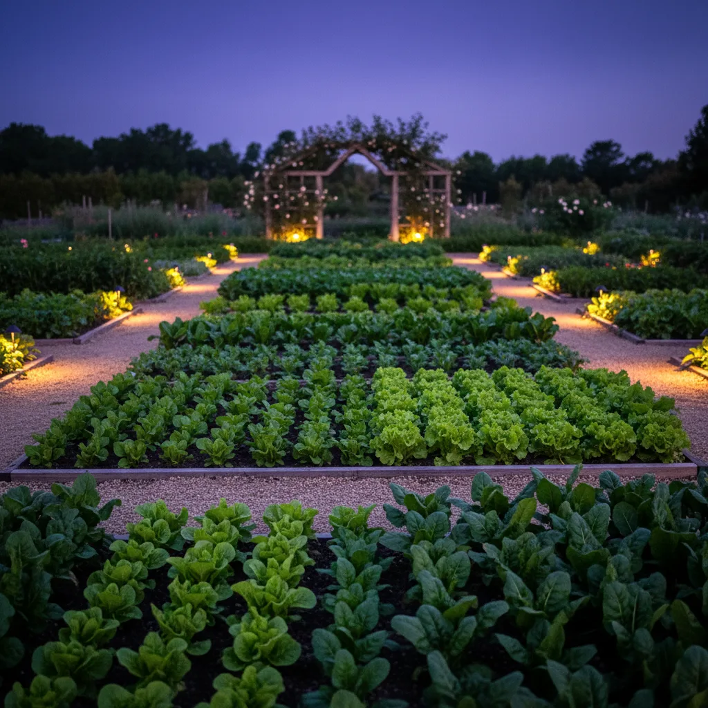 Jardin potager luxuriant au printemps avec rangées de légumes